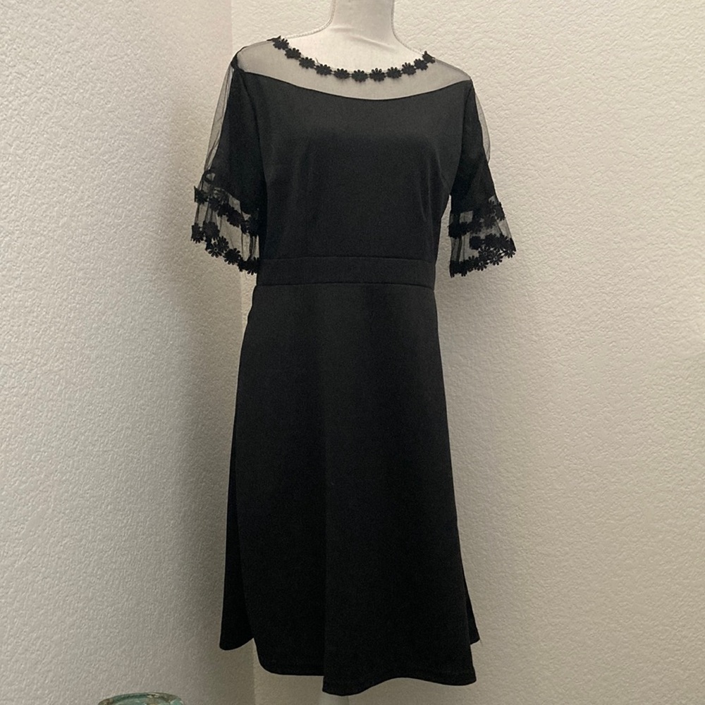 FashionMia Black Dress With Sheer Daisy Trim Size XL
